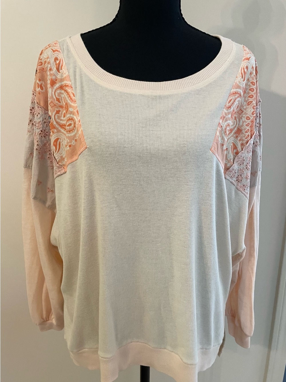 We The Free Peach Alabaster Feelin It Top with Embroidered Shoulders Patchwork S